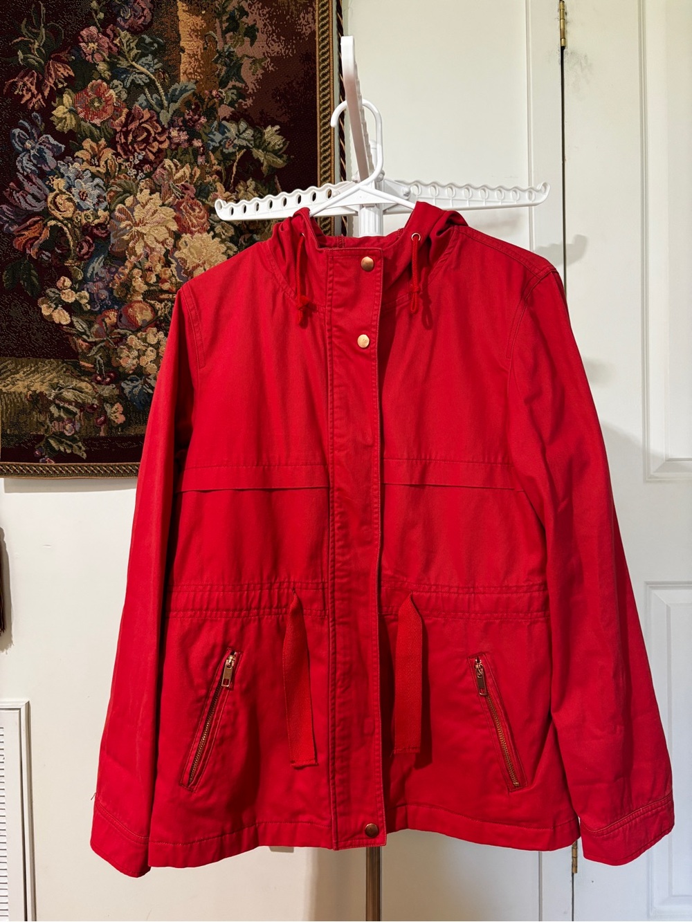 St. John’s Bay Red 100% Cotton Hooded Utility Field Jacket M Cinch Waist